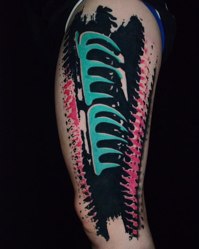 bioorganic industrial leg sleeve tattoo – heavy blackwork abstraction inspired by Nine Inch Nails aesthetic