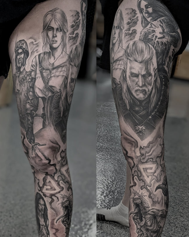 hyperrealistic Witcher leg sleeve tattoo – black and grey full piece, detailed character composition