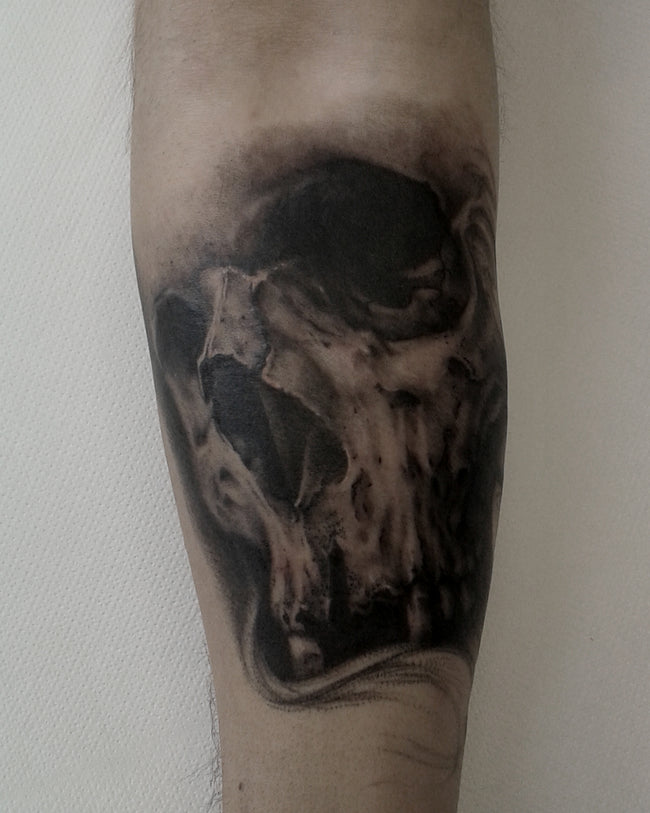 hyperrealistic skull tattoo – black and grey forearm piece