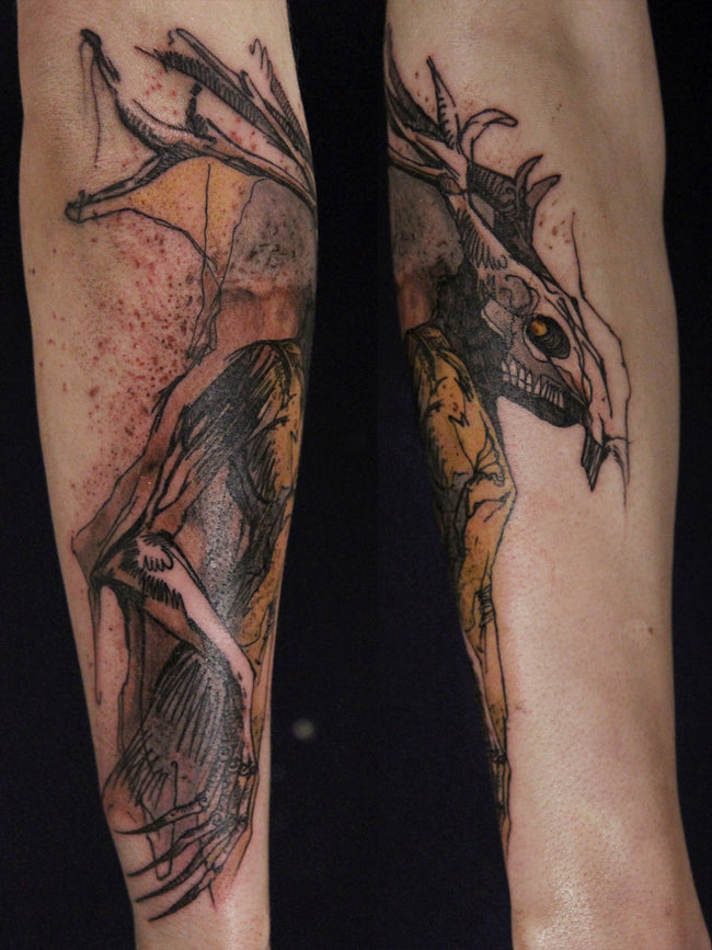 illustrative graphic Leshy tattoo – Polish folk/Witcher inspired monster design on forearm