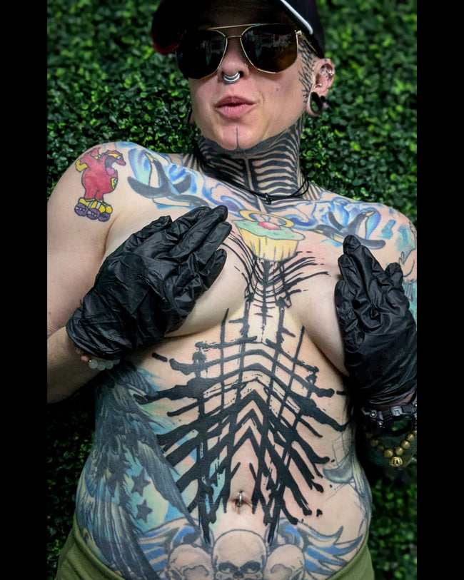 bioorganic industrial abstraction tattoo – solid black, neck and belly pattern, full view