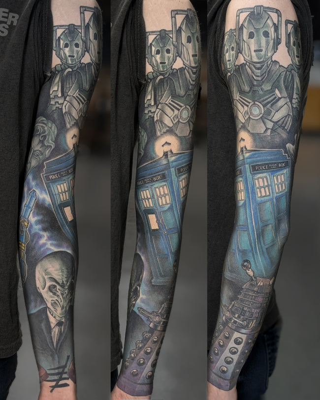 realistic full color Dr Who sleeve tattoo – Tardis with classic villains (Daleks, Cybermen, Weeping Angels, Silence)