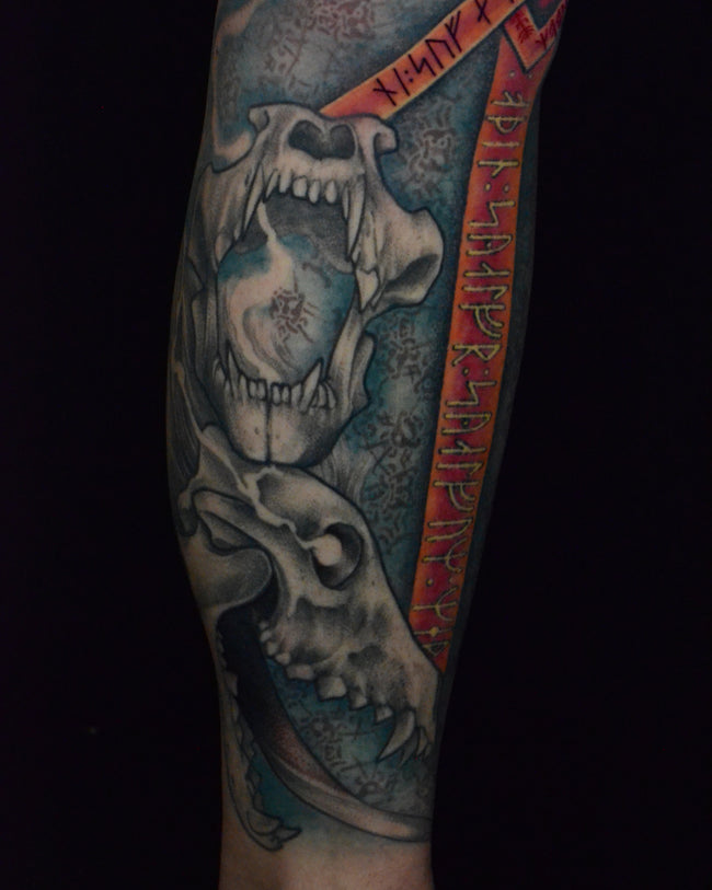 full color Nordic leg sleeve – Odin inspired with wolf skulls (Geri and Freki), illustrative detail