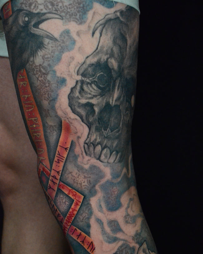 Odin leg sleeve tattoo – raven (Huginn), Odin skull with one eye, Nordic illustrative detail”