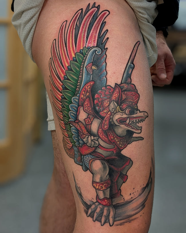 full color leg tattoo – Garuda mythological creature (Indian/Indonesian), realistic illustrative composition