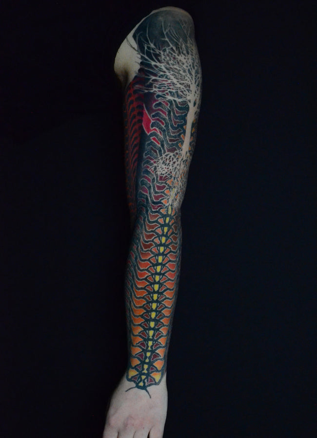 bioorganic industrial sleeve tattoo – industrial dotwork pattern with contrasting color, nature textures