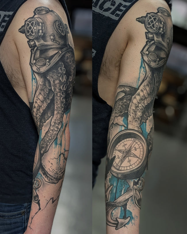 illustrative realistic black and grey sleeve tattoo with color and whip shading, octopus in diving helmet