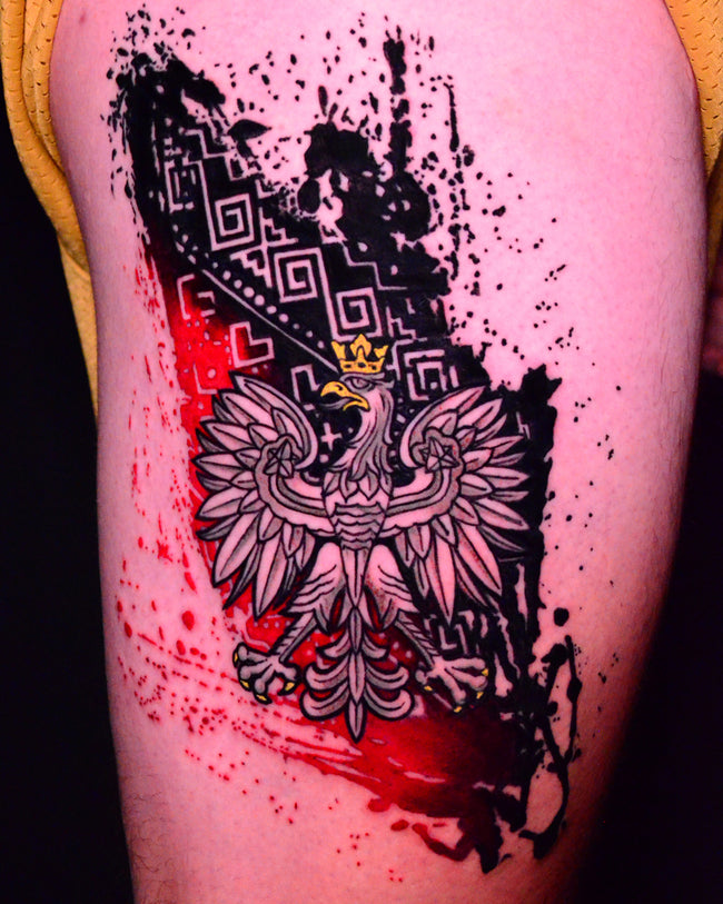 Polish white eagle tattoo – national emblem with heavy black industrial pattern and red background, shoulder