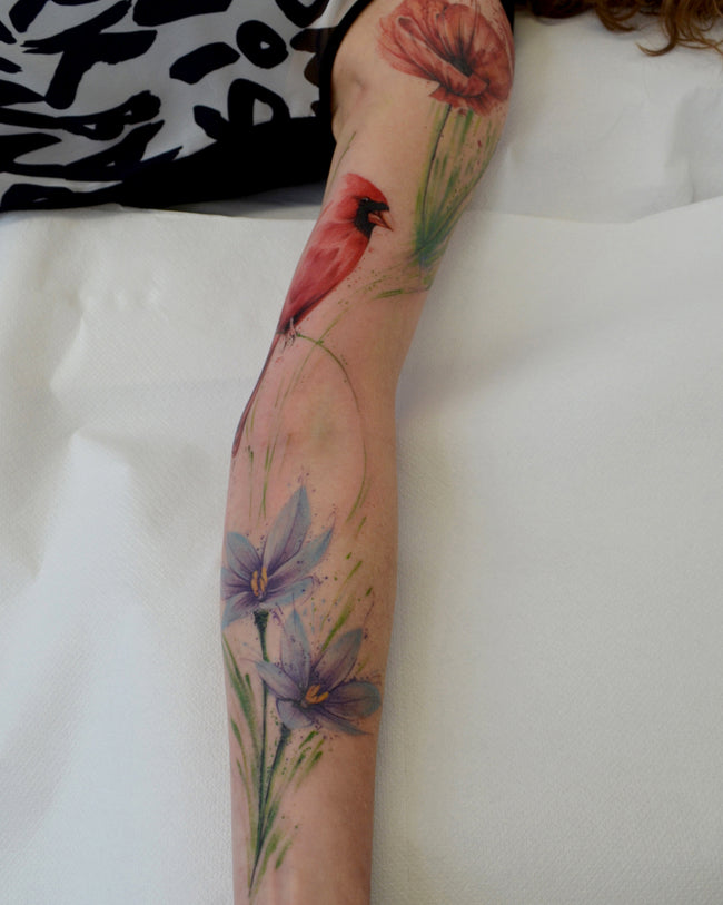 watercolor floral sleeve with cardinal bird and poppy flower – semi realistic full color composition