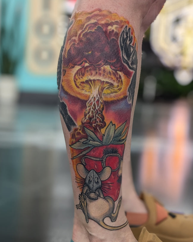 illustrative full color mouse tattoo in gas mask with strawberry and nuclear background, inspired by ‘The Little Mouse, the Red Ripe Strawberry, and the Big Hungry Bear’ – leg half sleeve