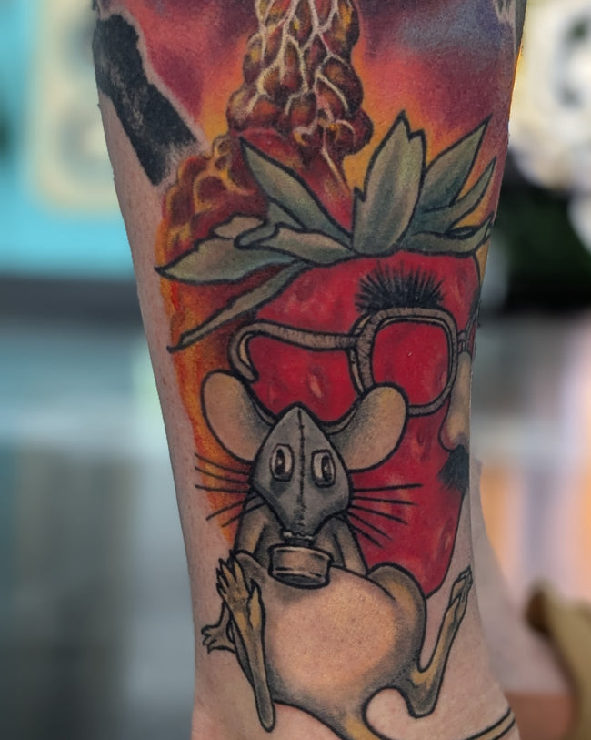 illustrative full color mouse tattoo detail – gas mask, strawberry and nuclear elements, inspired by ‘The Little Mouse, the Red Ripe Strawberry, and the Big Hungry Bear