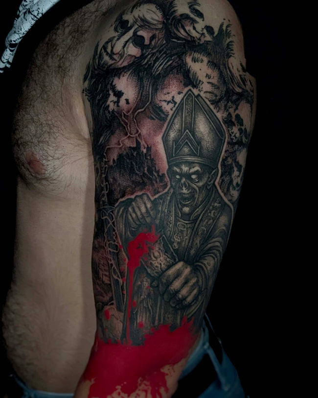 illustrative zombie priest tattoo – black and grey half sleeve with red elements, gothic style with Berserk manga background, inspired by metal band Death
