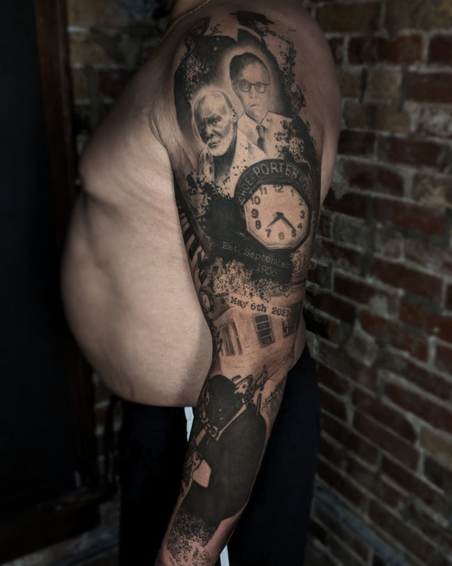 realistic sleeve tattoo – black and grey portraits with heavy musical graphic inspired by art of Waldemar Swierzy