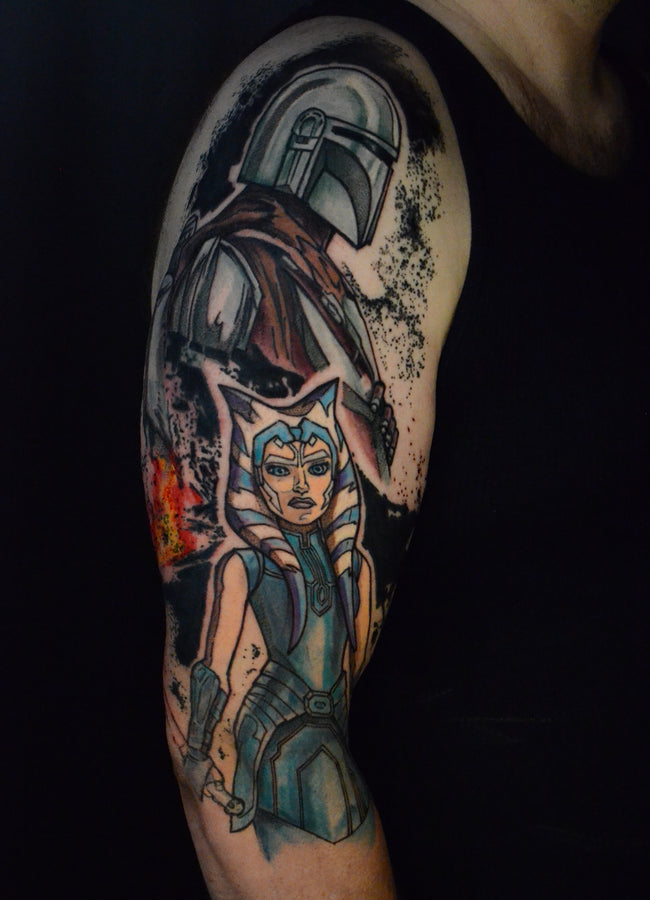 graphic illustrative Star Wars half sleeve – full color Mandalorian and Ahsoka composition