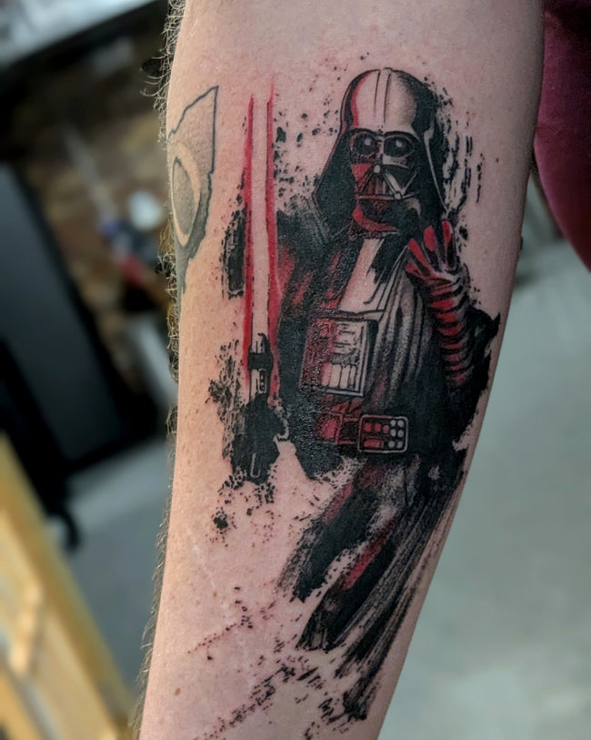 graphic illustrative Star Wars tattoo – Darth Vader forearm piece