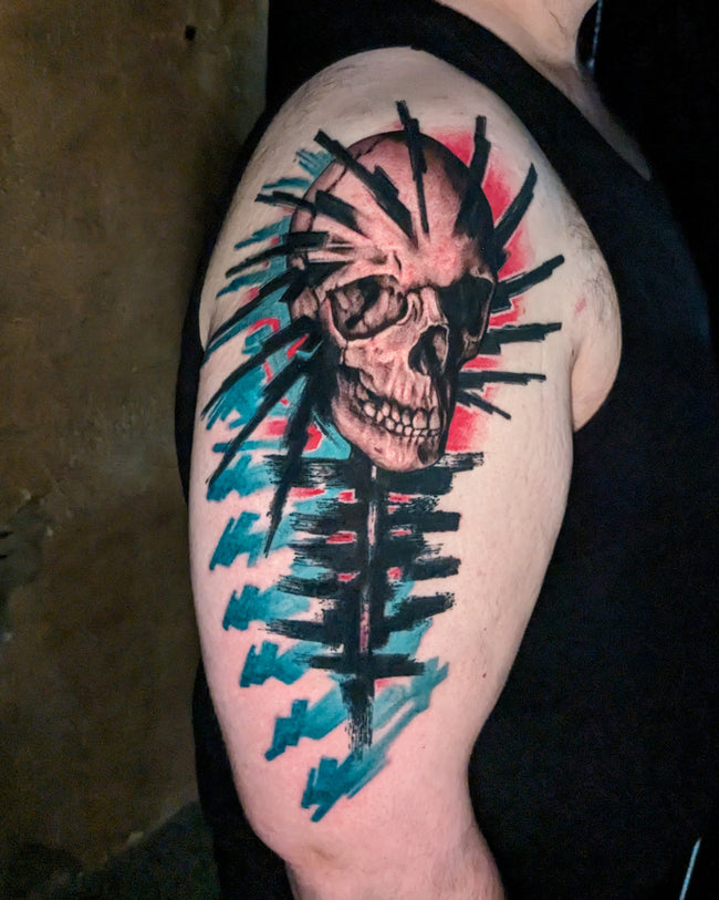 graphic industrial half sleeve – full color realistic skull with industrial heavy black pattern